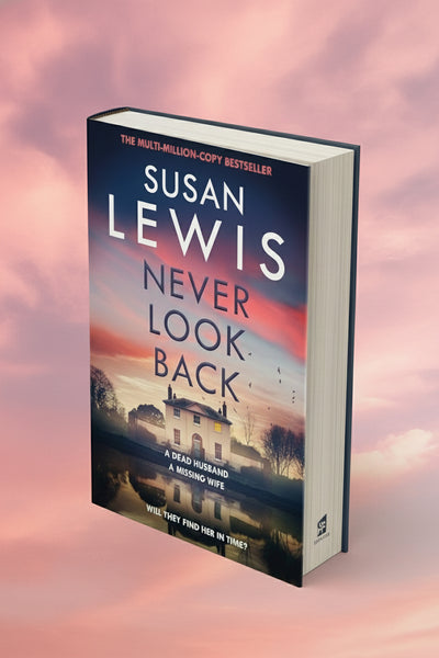 Book cover of 'Never Look Back' by Susan Lewis with a house and sunset background.