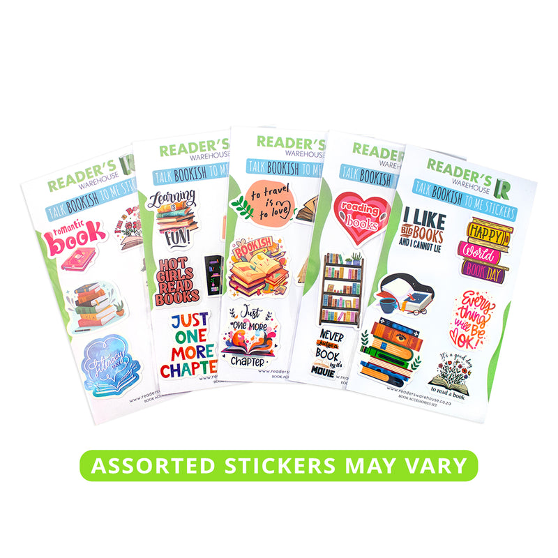 Assorted Talk Bookish To Me Stickers with book-themed quotes and colorful designs from Readers Warehouse